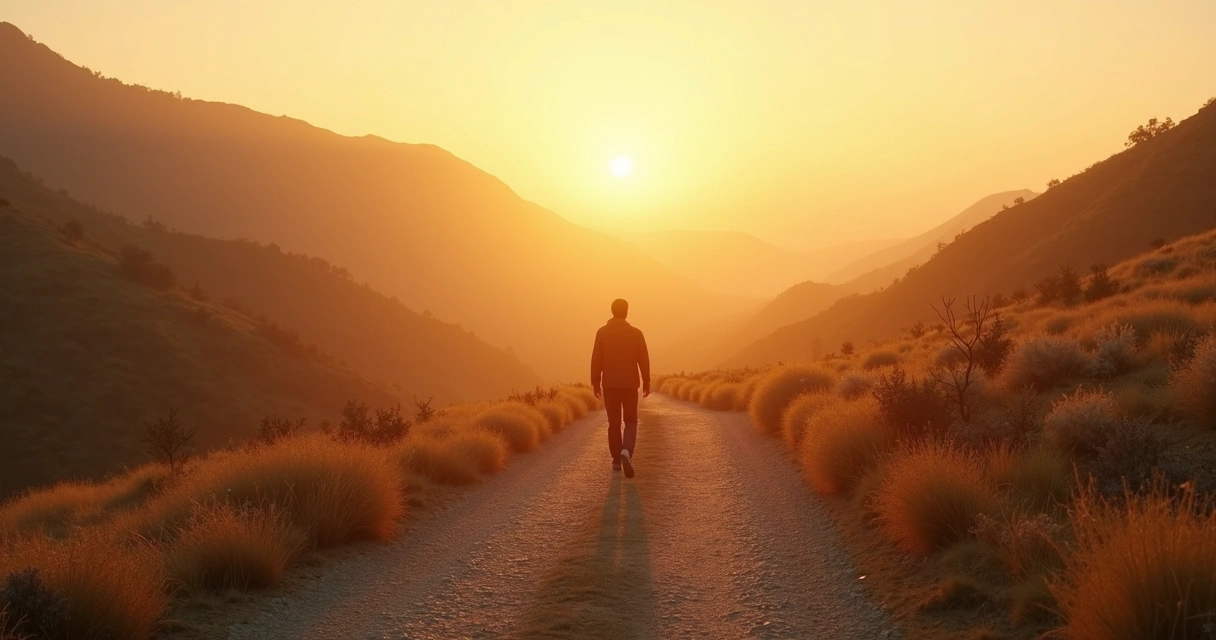 Persona caminando por un sendero con dos direcciones al amanecer 
