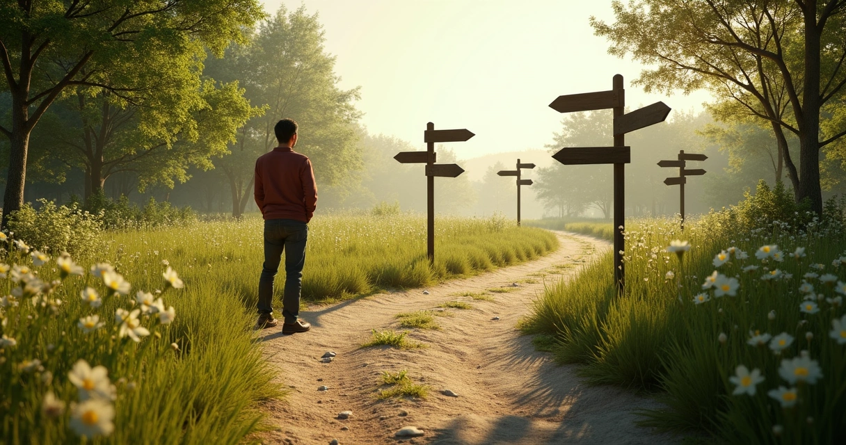 Camino dividido en varias direcciones con señales de decisión 