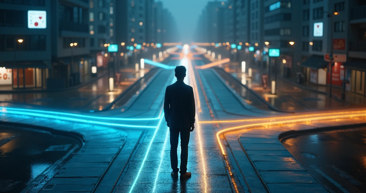 Persona en un cruce de caminos luminosa ciudad nocturna 