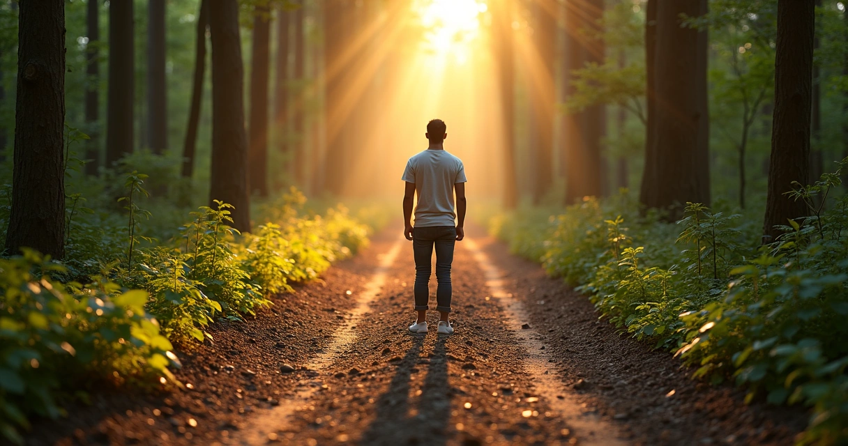 Persona en un cruce de caminos eligiendo un sendero de desarrollo consciente 