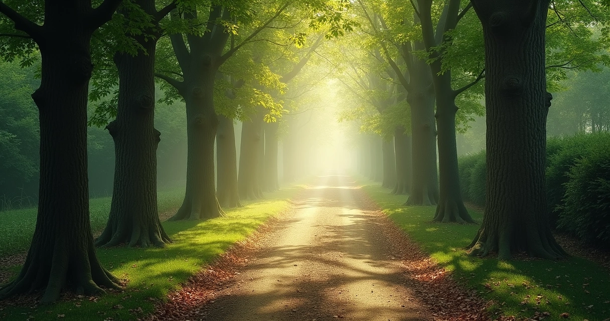 Camino rodeado de árboles con luz suave al fondo, simbolizando desarrollo personal 