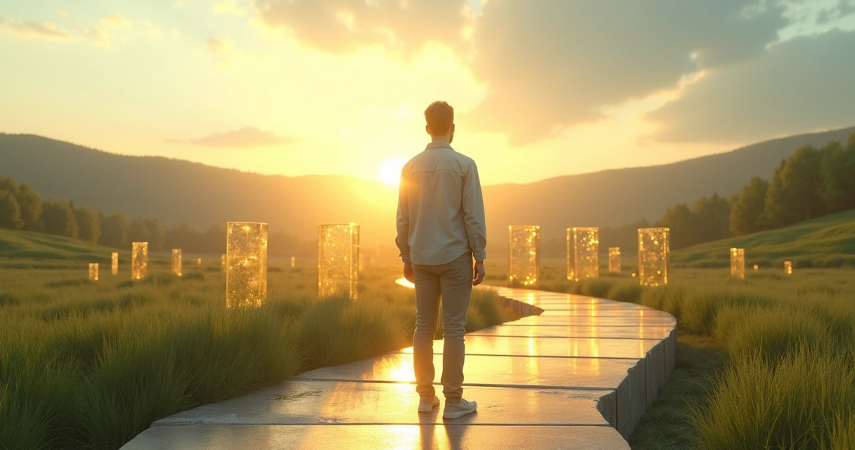 Persona en un camino de desarrollo personal enfrentando obstáculos invisibles 