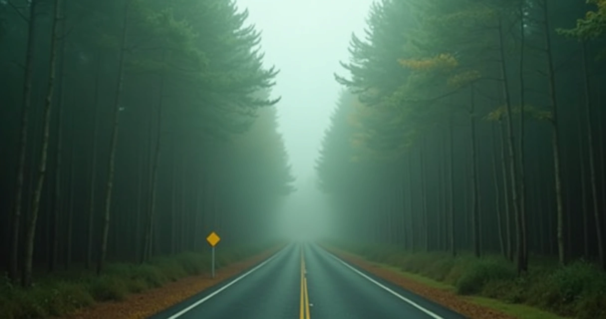 Un camino borroso con señales poco claras y árboles a los lados.