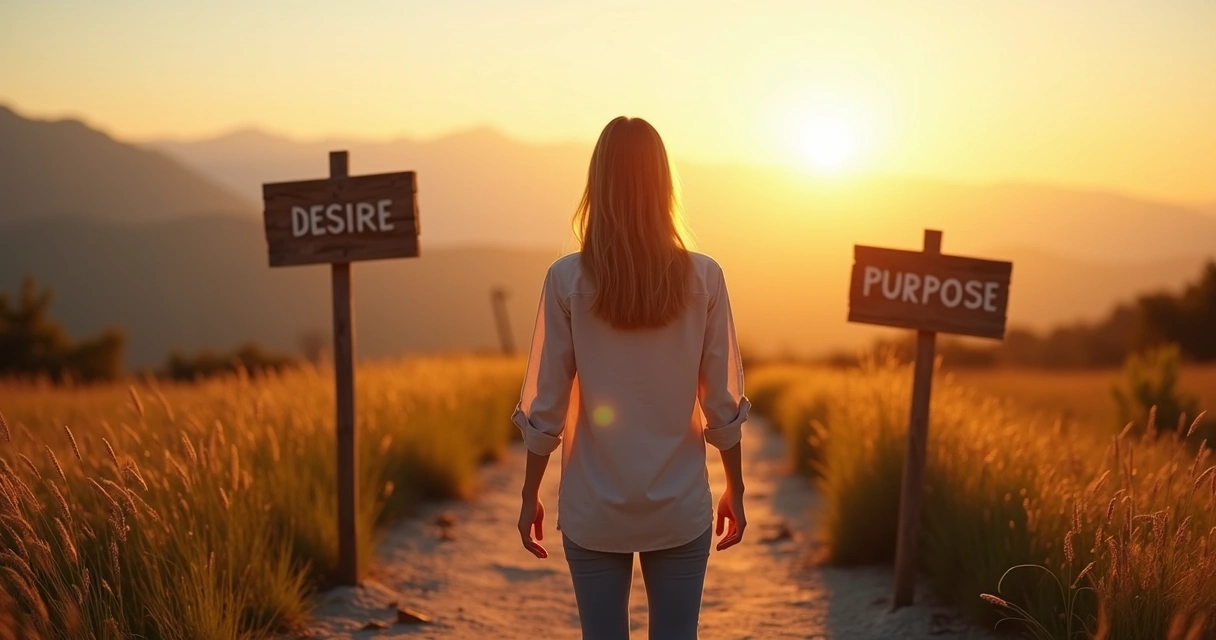 Persona en una encrucijada entre un camino del deseo y otro del propósito 