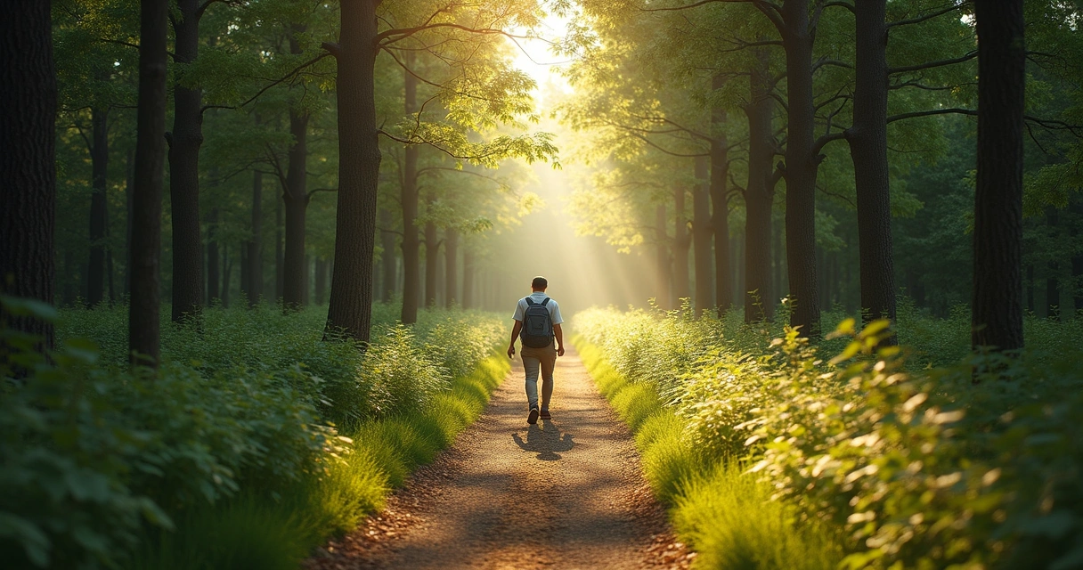Persona caminando por un bosque, rayos de luz atravesando los árboles, ambiente de reflexión y autodescubrimiento 
