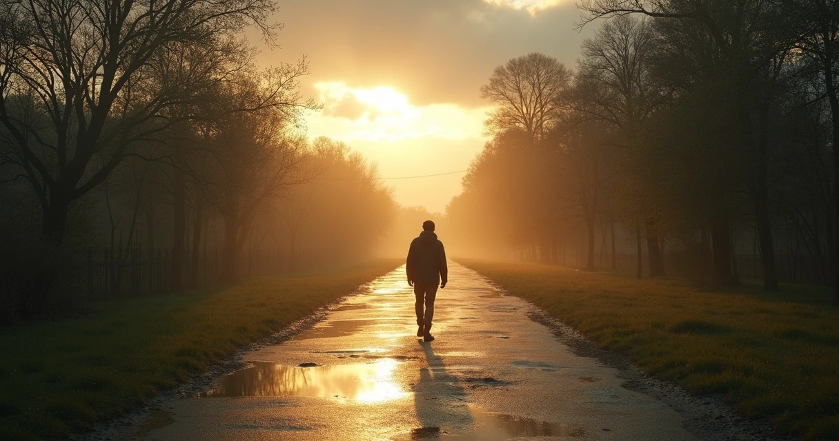 Persona caminando por un sendero mojado después de la lluvia al amanecer