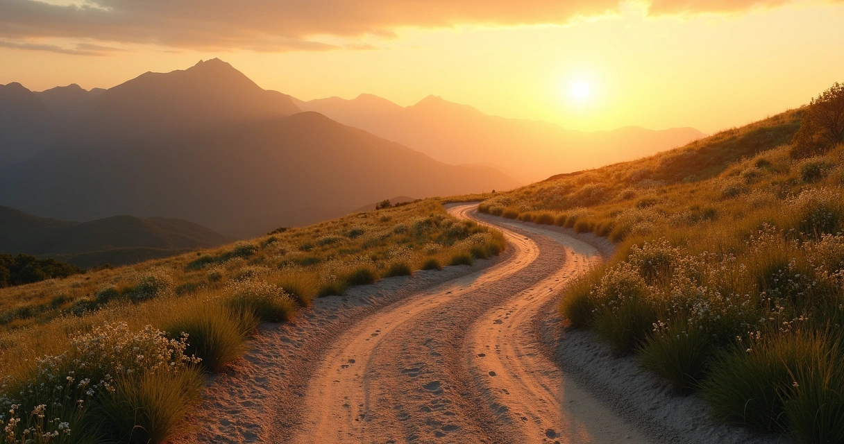 Sendero de tierra hacia montañas en el horizonte al atardecer 