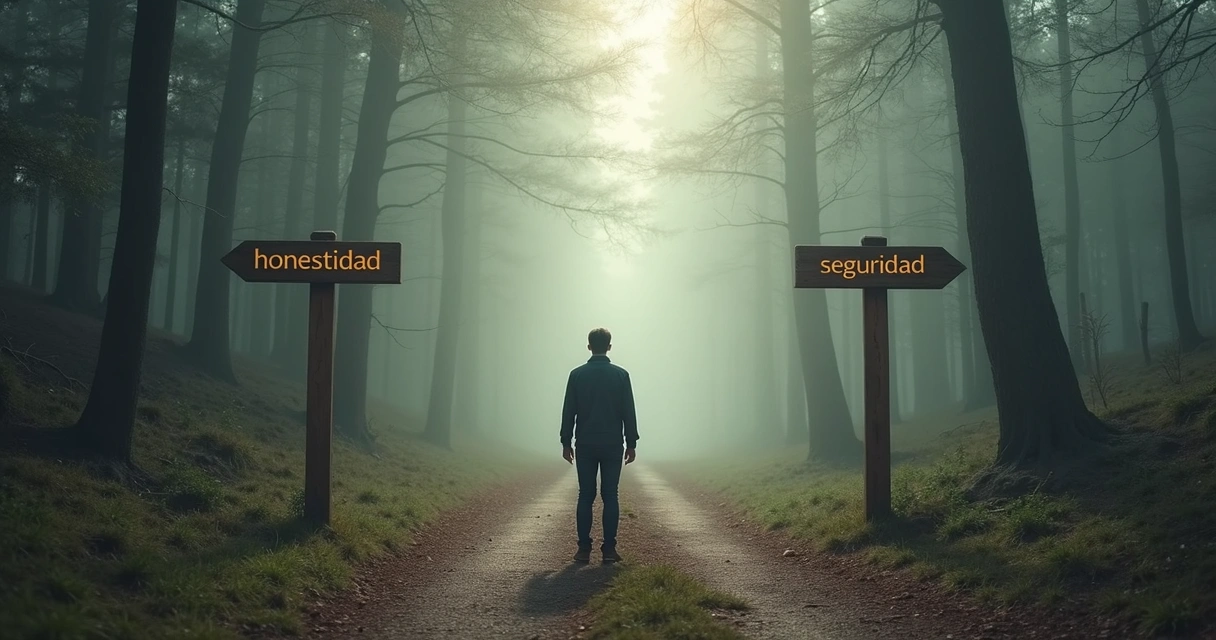 Persona ante camino dividido con señales de valores diferentes 