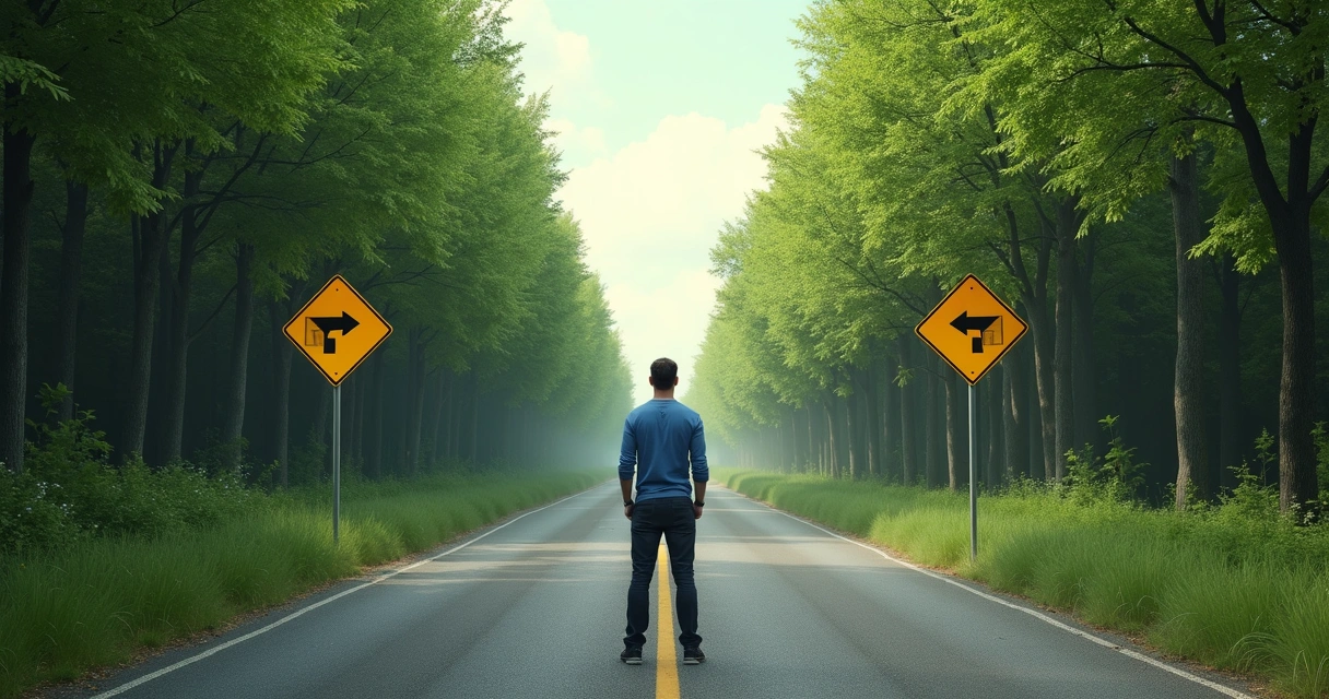 Persona parada en un cruce de caminos con señales opuestas