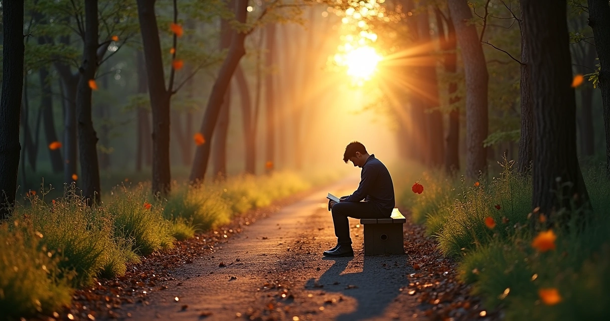 Sendero de bosque iluminado y una persona pensando, con elementos que reflejan introspección y crecimiento personal.