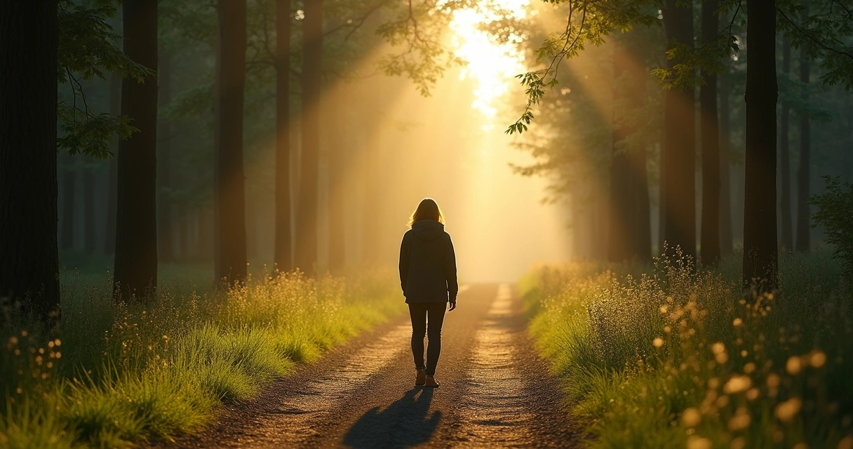 Persona caminando sola por sendero en bosque al amanecer