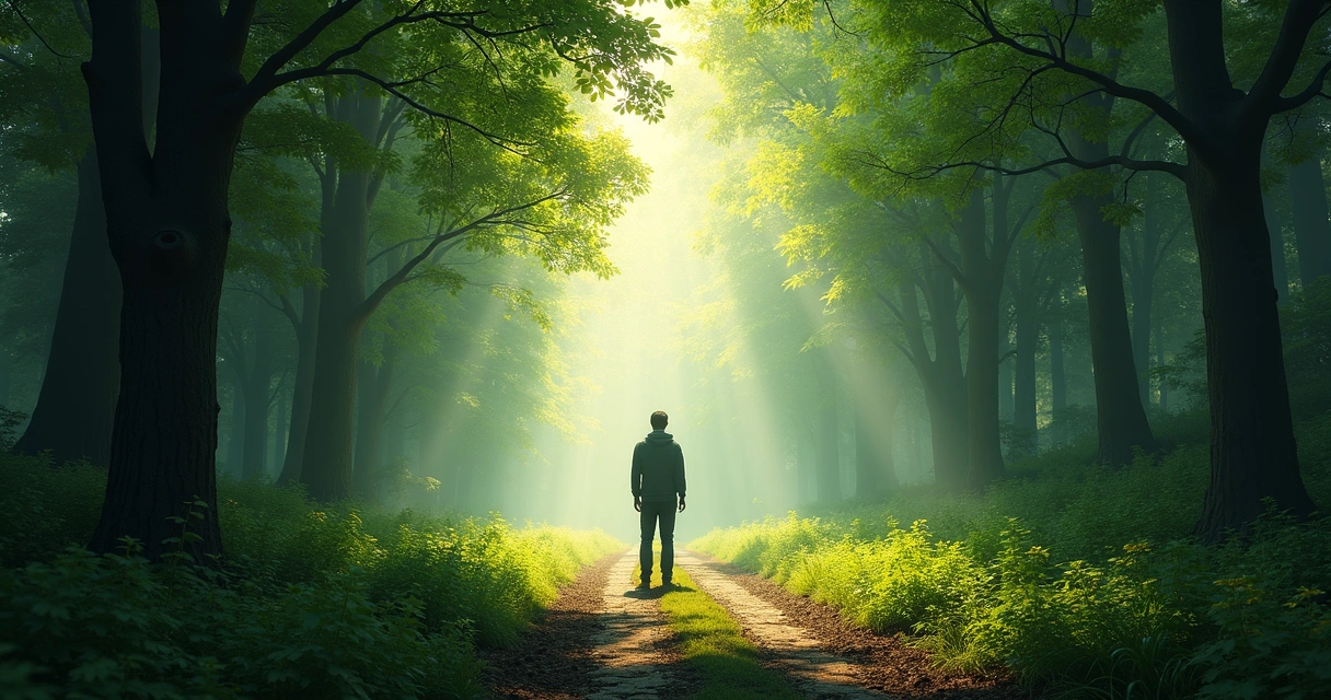 Persona en un bosque enfrentando dos caminos simbolizando una decisión ética 