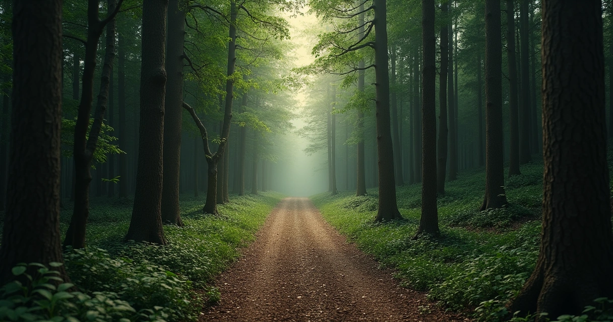 Sendero oscuro en un bosque delimitado por árboles altos 