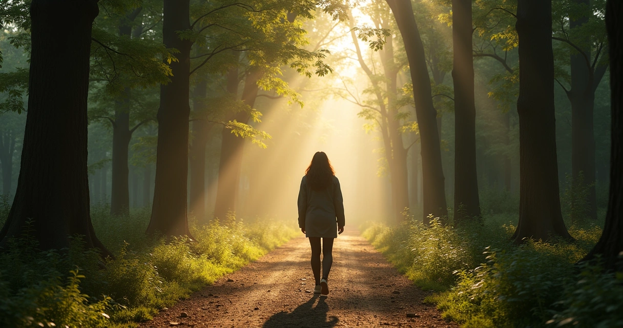Persona de espaldas caminando por un sendero rodeado de árboles, luz suave al fondo. 
