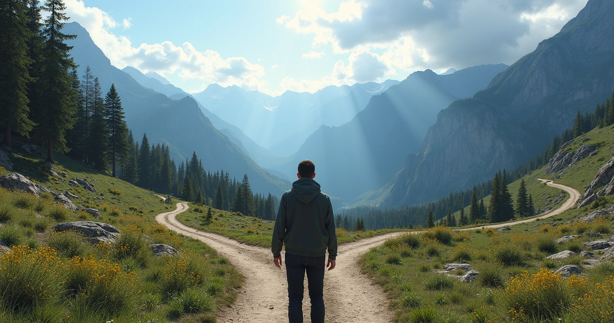 Persona de pie ante una encrucijada de caminos en la montaña, reflexionando 