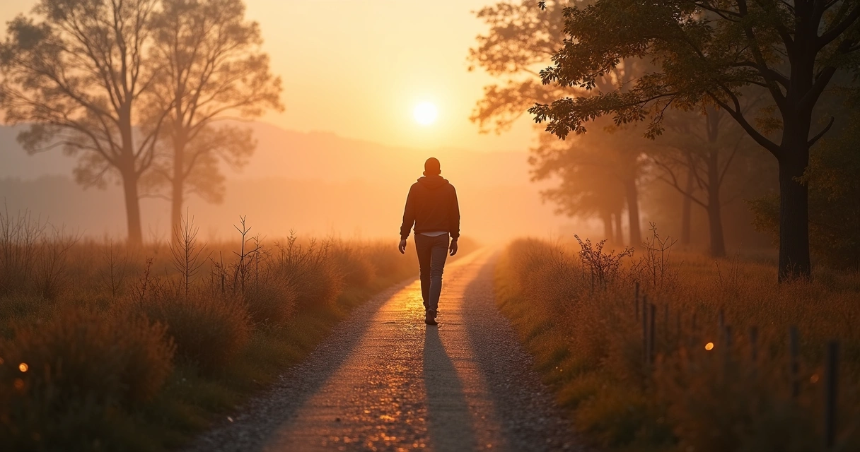 Persona caminando por un sendero entre luz y sombra al amanecer 