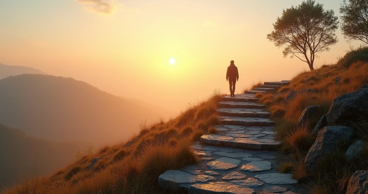 Persona observando un camino con escalones de piedra al amanecer 