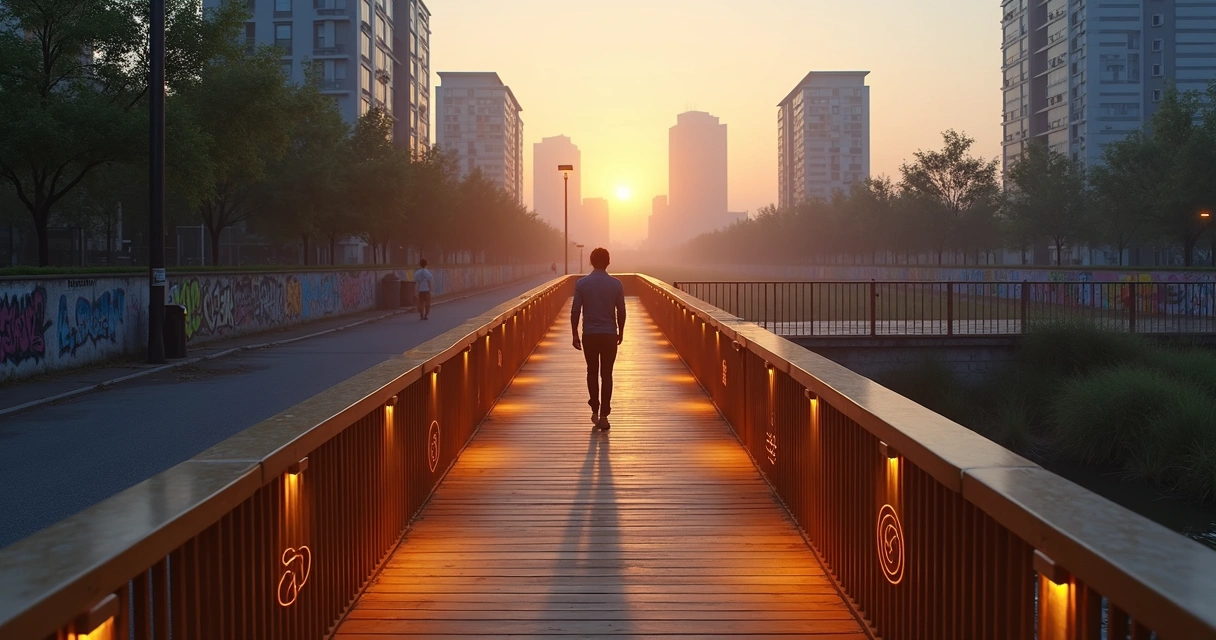 Persona caminando por puente luminoso hacia ciudad al amanecer 