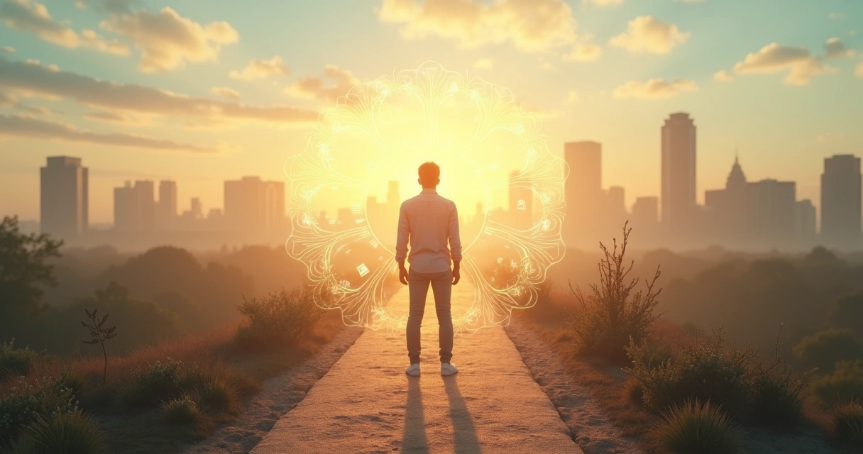 Persona en un camino observando una ciudad difuminada al fondo 