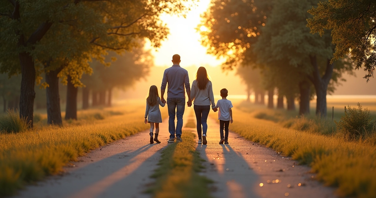 Familia caminando hacia una bifurcación en un sendero al atardecer 