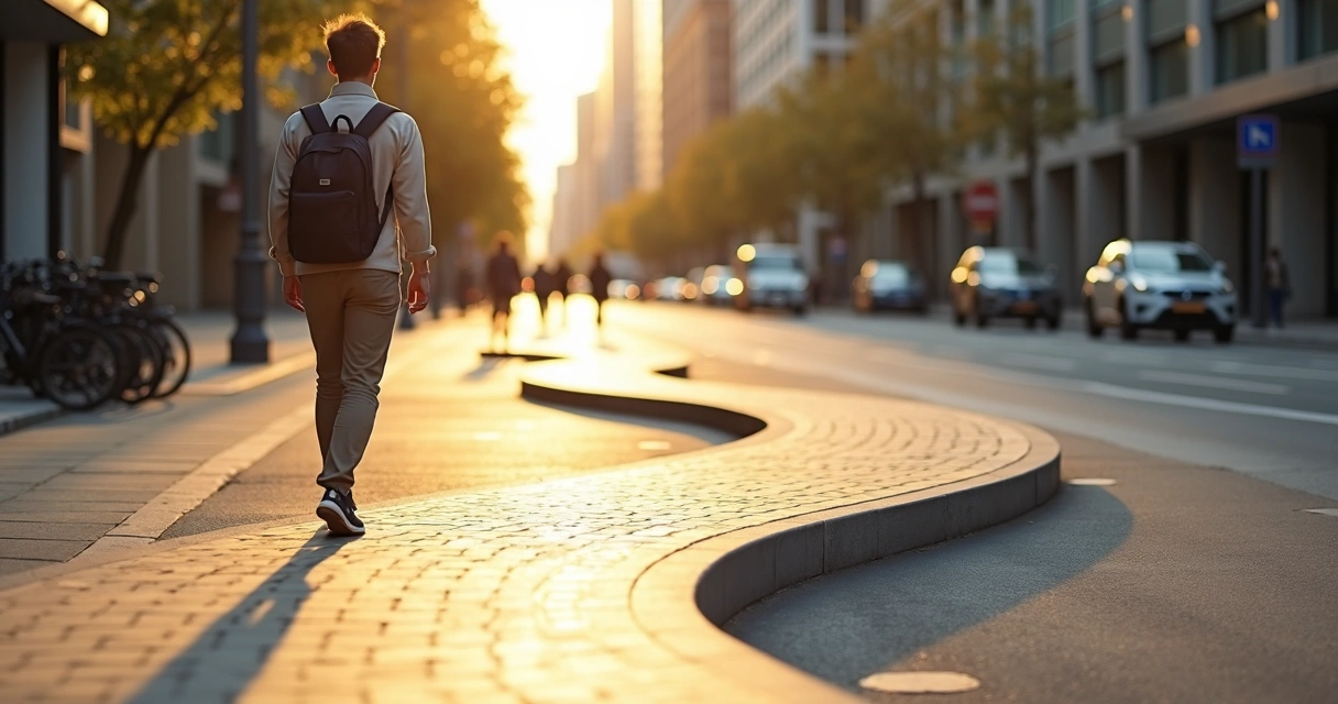 Persona caminando por una acera flexible ondulada en una ciudad luminosa 