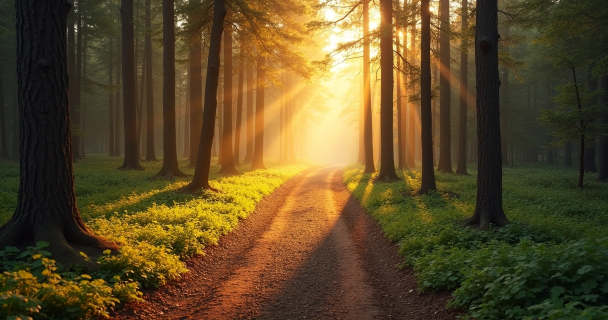 Camino natural que simboliza el desarrollo progresivo hacia la madurez consciente, con árboles a los lados y luz al final. 