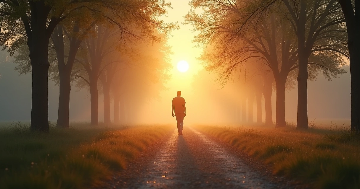 Camino abierto hacia una luz suave al amanecer