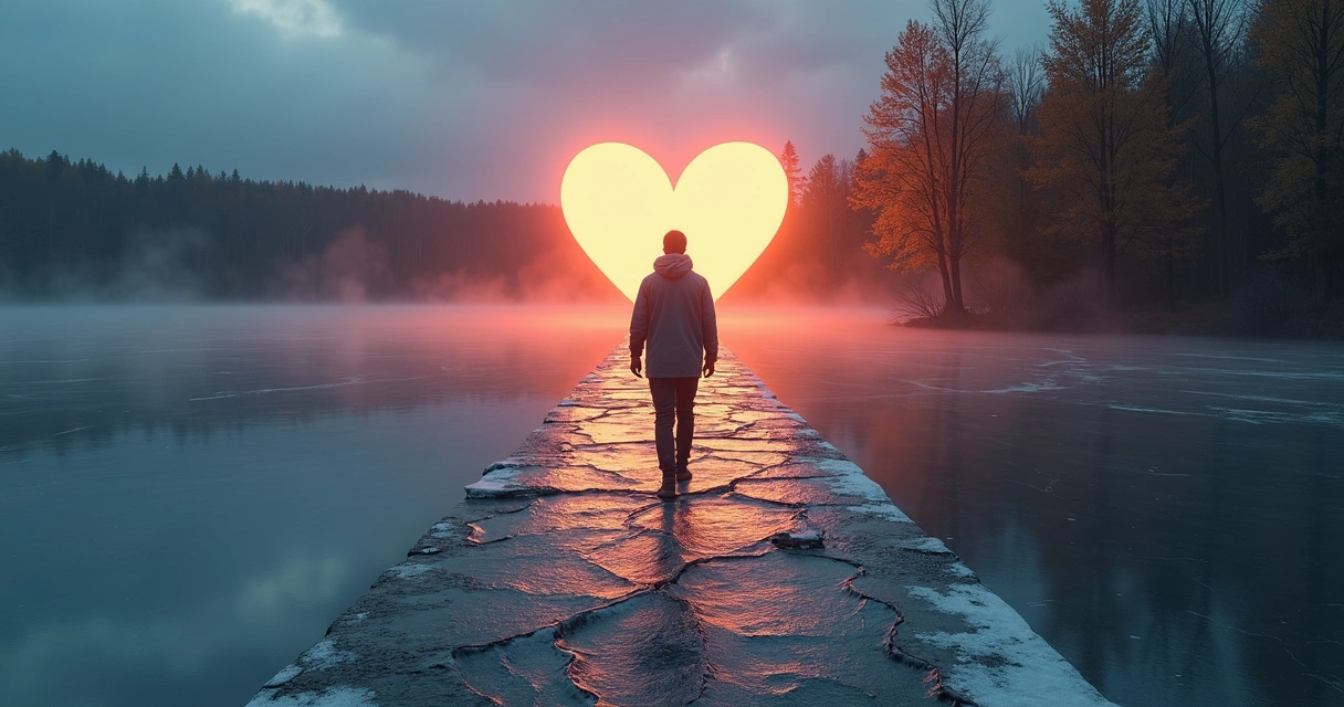 Persona cruza un lago helado hacia una forma de corazón irradiante 