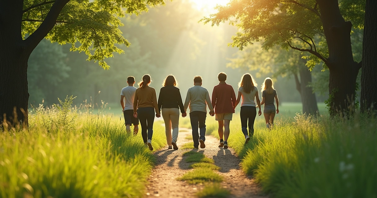 Camino de integración humana, personas conectando en la naturaleza 