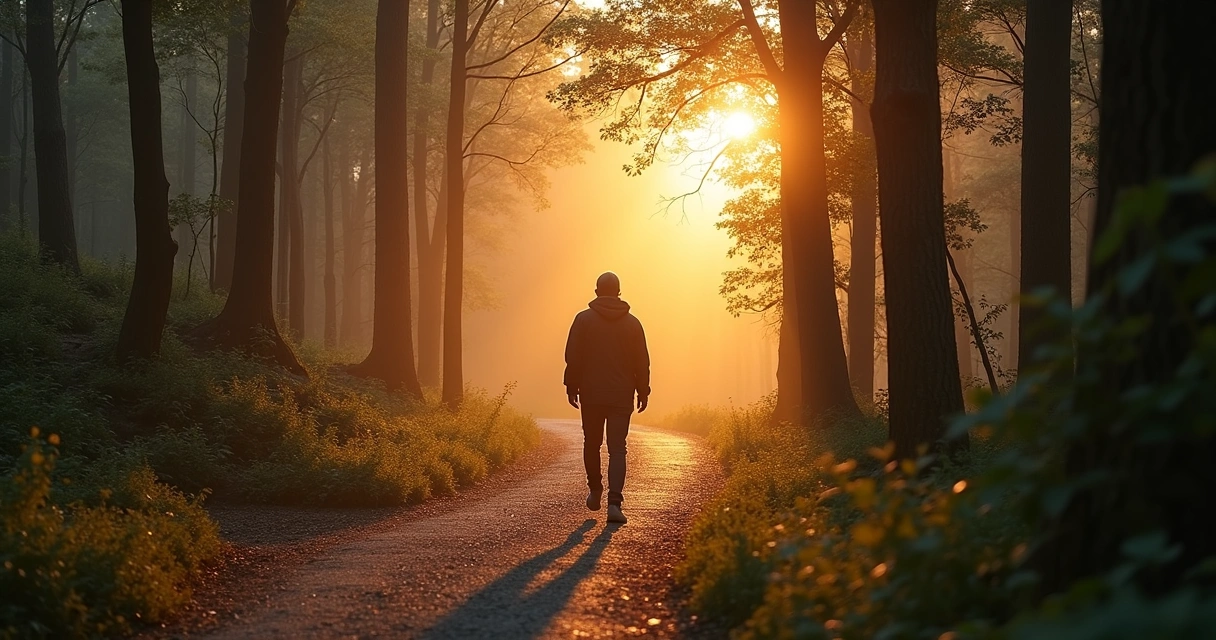 Persona caminando sola en un sendero rodeado de árboles mientras el sol se filtra, representando introspección