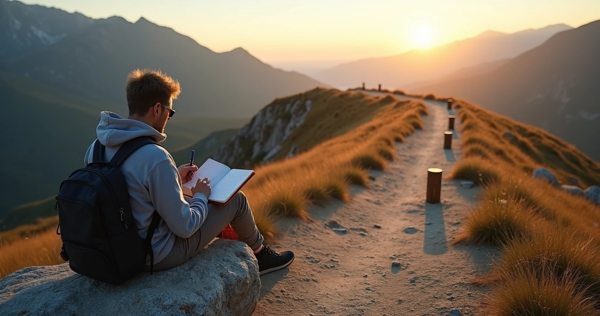 Persona escribiendo en un cuaderno frente a un camino de montaña largo 