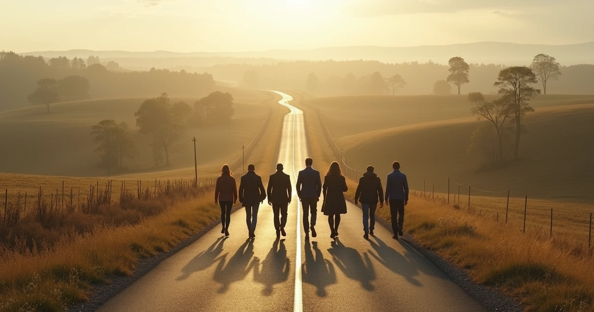 Camino largo con figuras avanzando con determinación