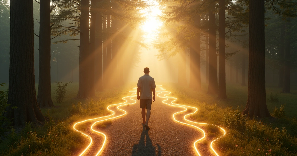 Persona caminando en un sendero con líneas luminosas marcando límites a su alrededor 