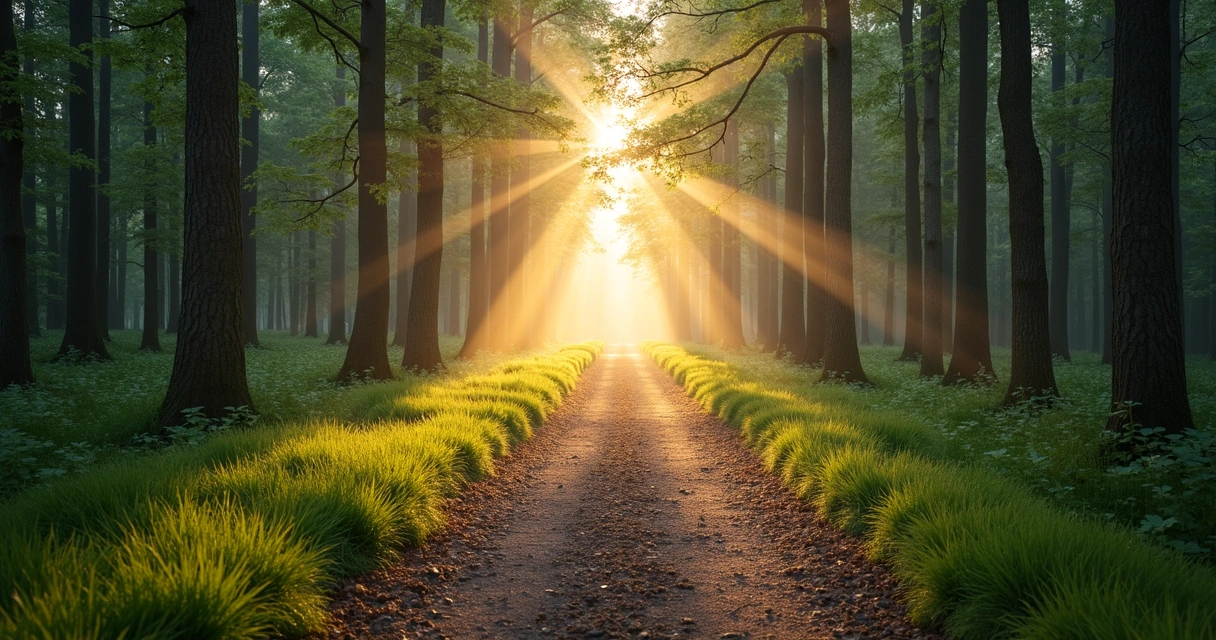 Camino de bosque con luz suave y límites naturales marcados
