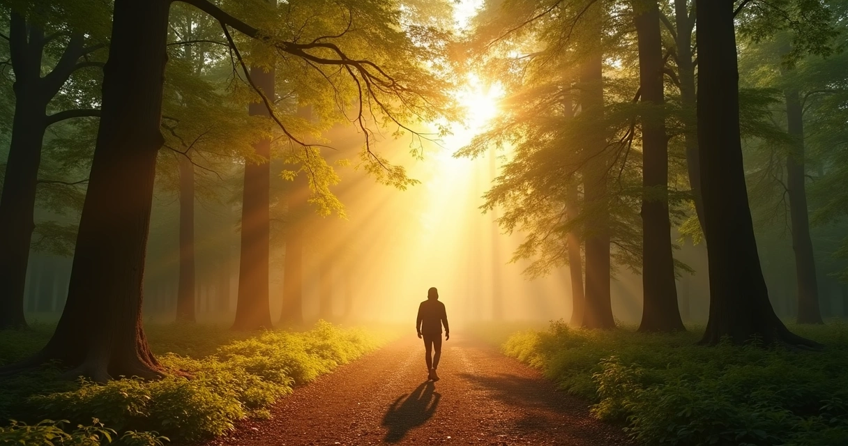 Persona caminando por un sendero iluminado entre árboles al amanecer 