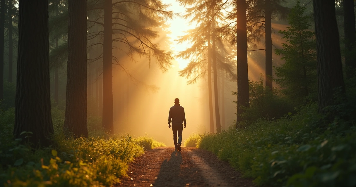 Persona caminando por sendero de bosque con luz suave al fondo
