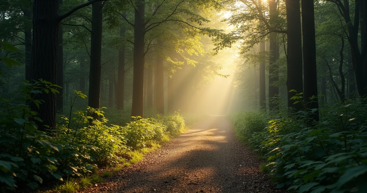 Camino iluminado entre sombras en un bosque