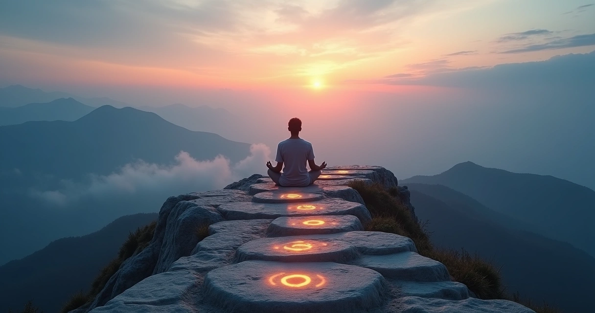 Persona meditando en un sendero de montaña iluminado por diferentes niveles de luz 