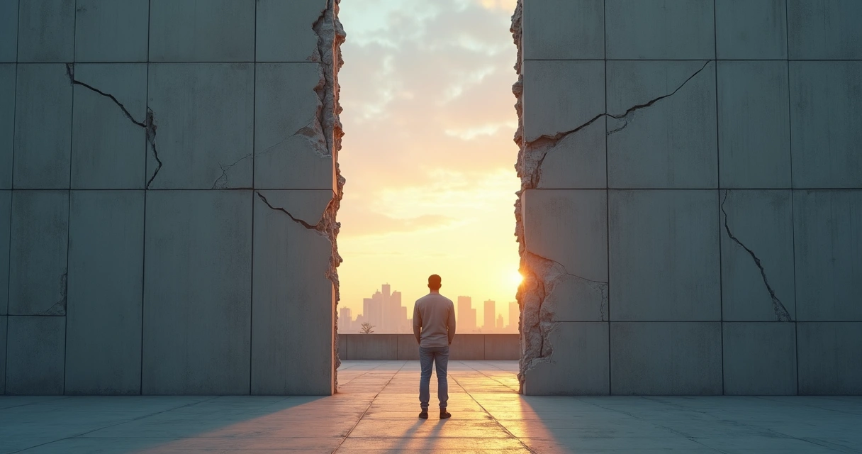 Persona en cruce de caminos frente a muro fracturado avanzando hacia un horizonte luminoso 