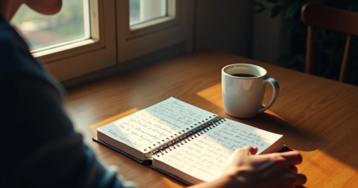 Persona reflexionando sentada frente a un cuaderno con apuntes y una taza de café en una mesa de madera 