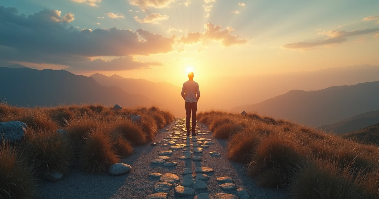 Persona en una encrucijada entre un camino luminoso y otro borroso 