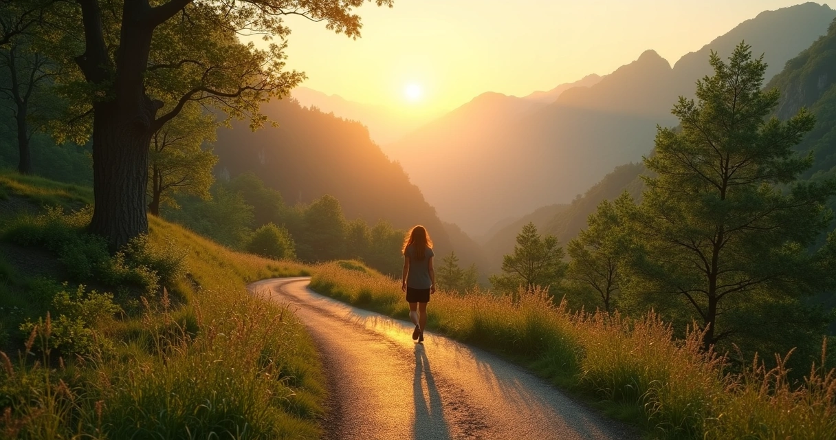 Persona de espaldas avanzando por un sendero rodeado de naturaleza al amanecer 