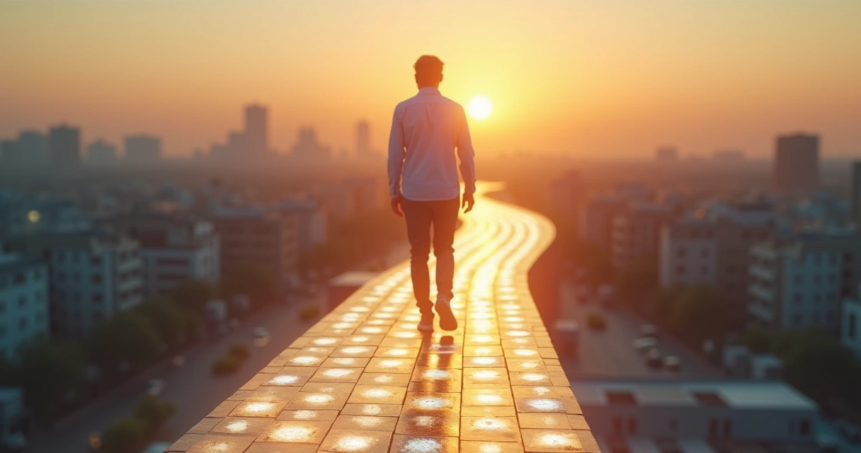 Persona caminando en un sendero de luz formado por pequeñas decisiones representadas como fichas 
