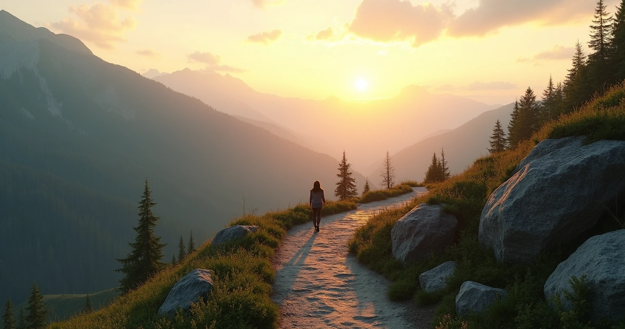 Persona caminando por un sendero de montaña al amanecer 
