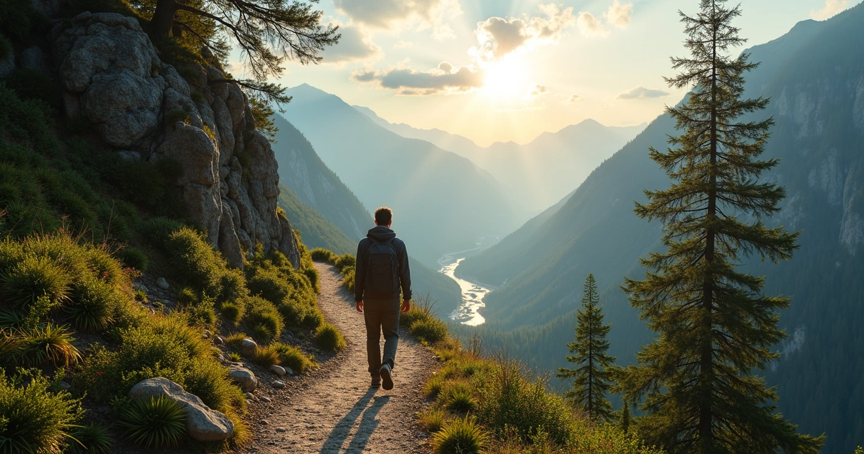 Persona caminando por un sendero de montaña, rodeada de naturaleza