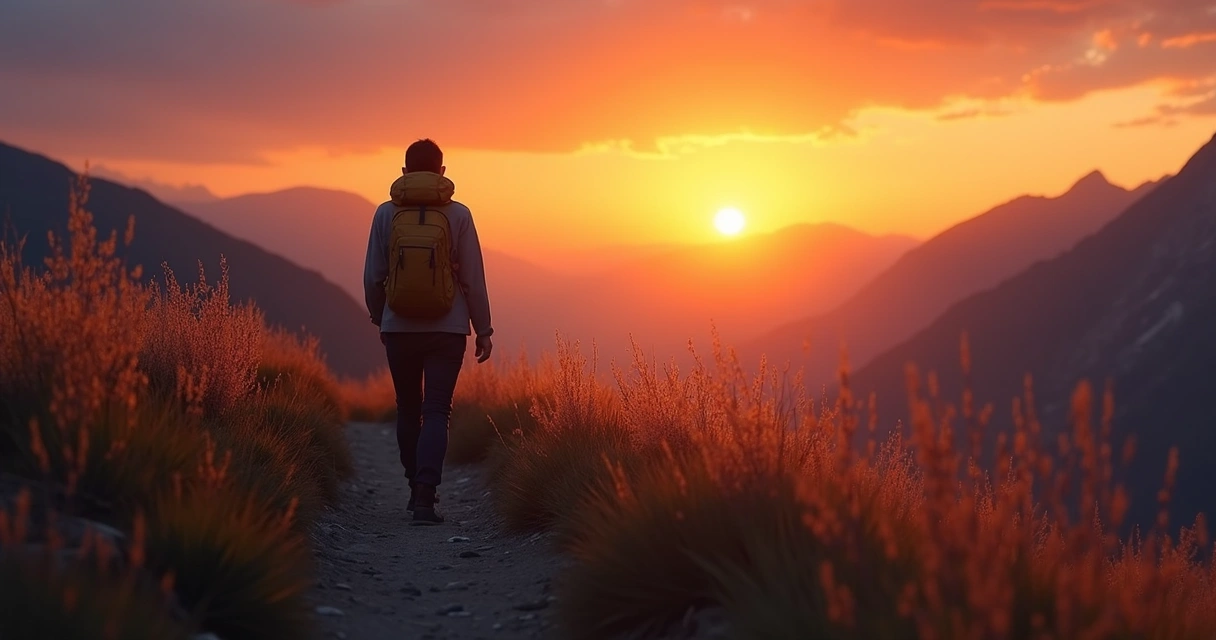 Persona caminando por un sendero de montaña al atardecer 