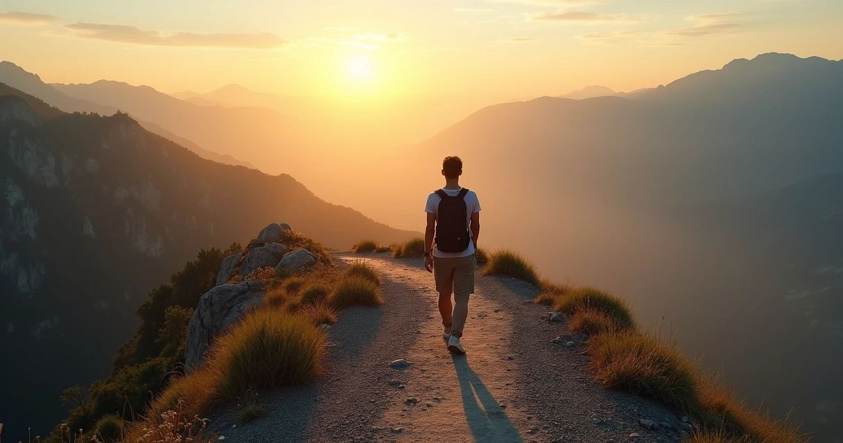 Persona de espaldas caminando sola por un sendero de montaña al amanecer 