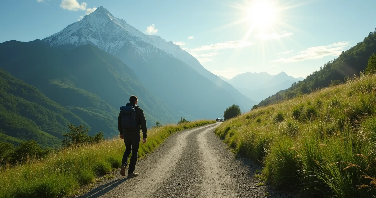 Persona caminando sola hacia una montaña en el horizonte 