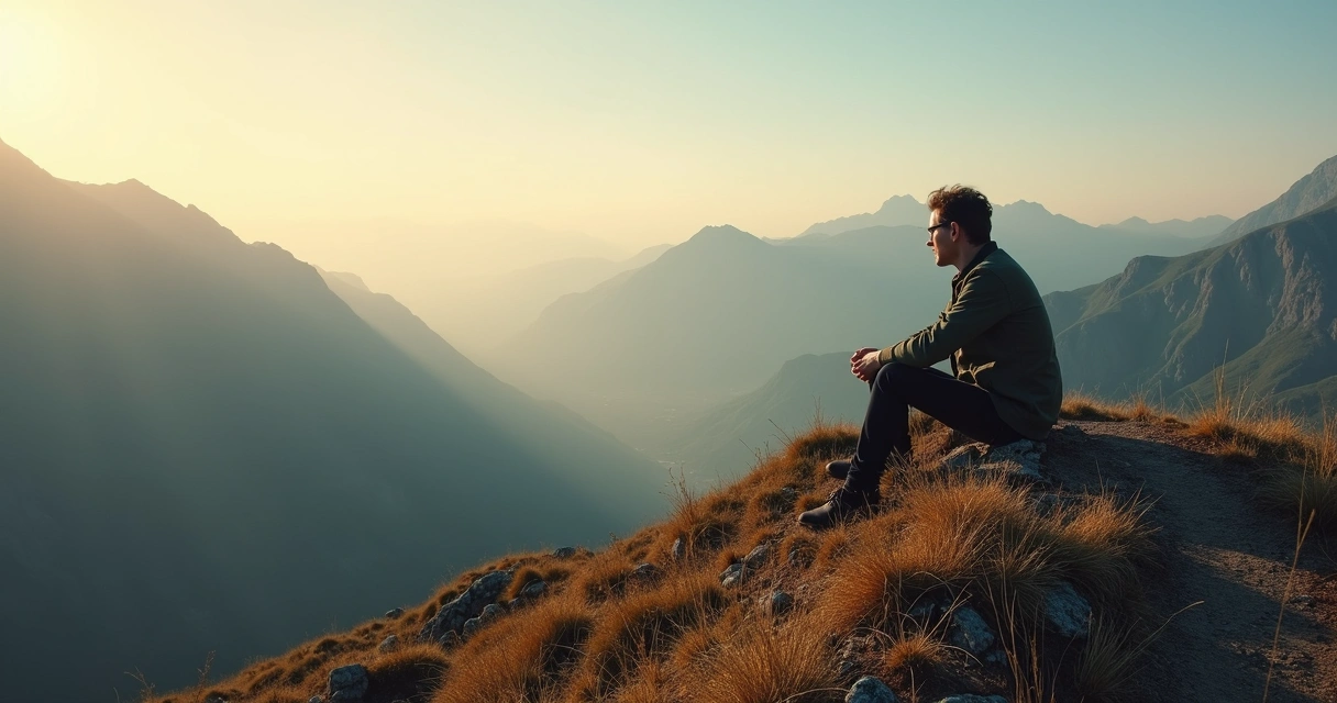 Persona reflexionando al borde de un sendero de montaña 