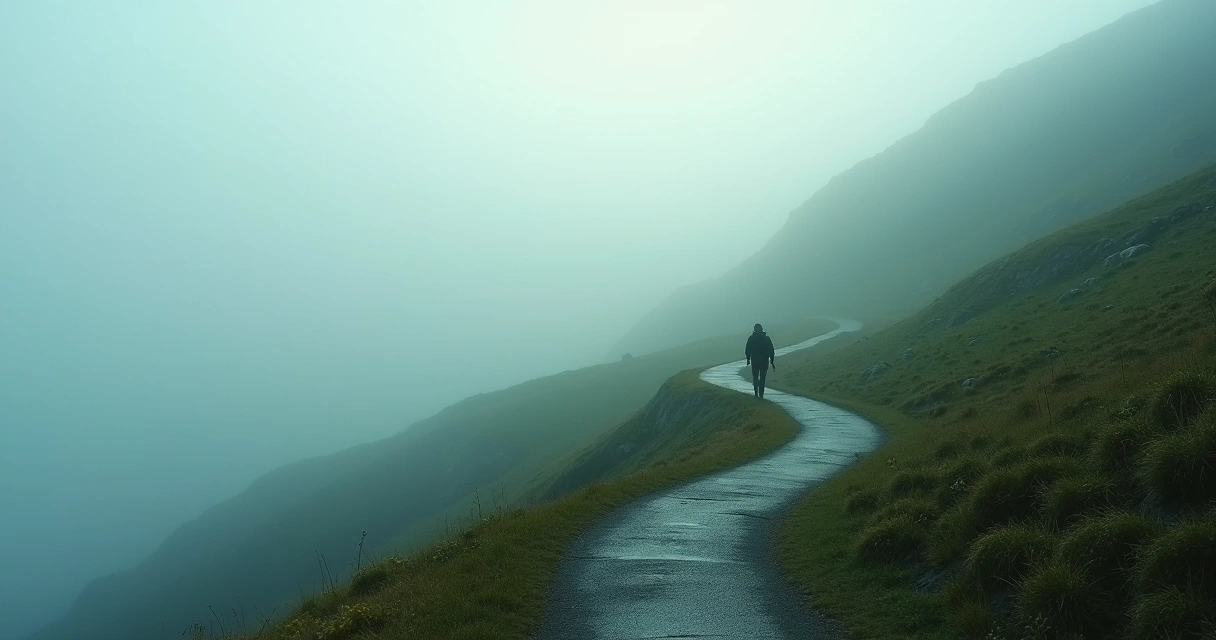 Sendero de montaña envuelto en niebla con una figura caminando
